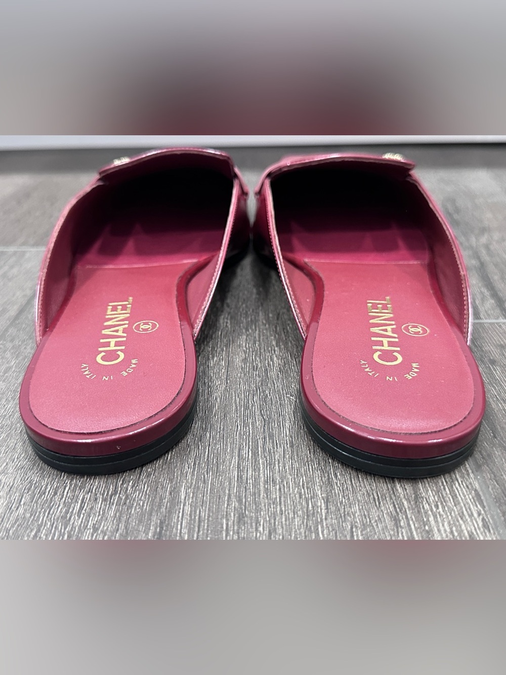 2026 CHANEL BURGUNDY LEATHER SLIDES MULES HALF LOAFER SHOES GOLD CC LOGO 41 - Picture 14 of 16